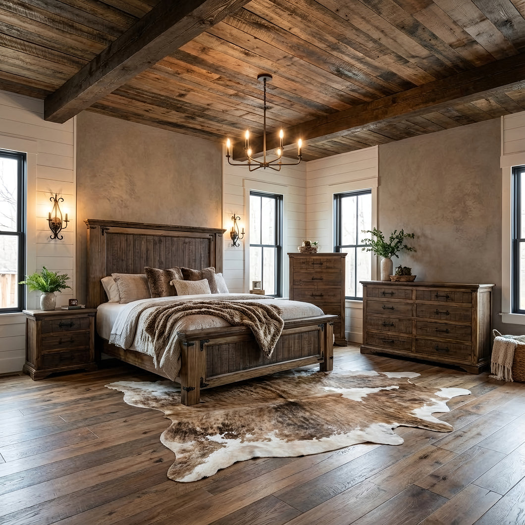 rustic bedroom set with bed, dresser, chest, and nightstand. 